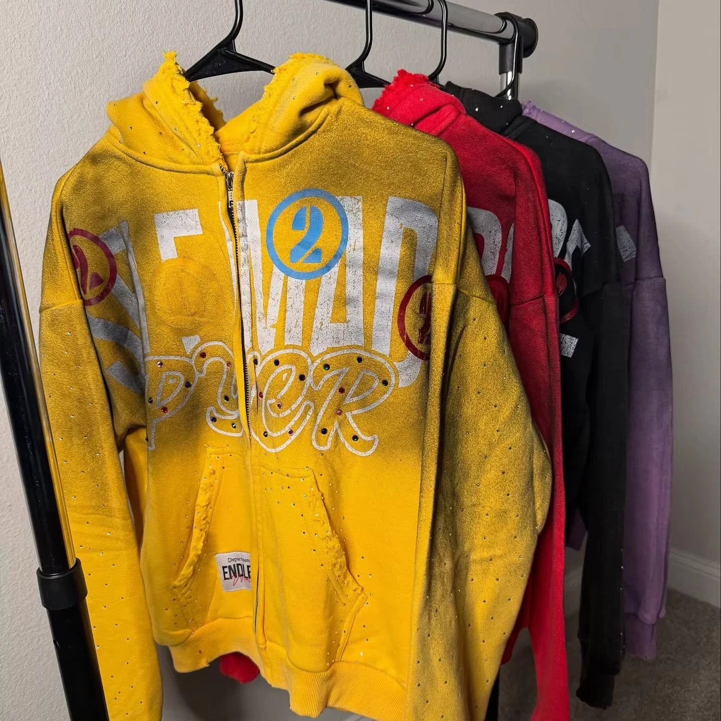 US Free Tax Streetwear Sun Faded Two-tone Acid Wash Crystal Hoodie Hoodie Hooded Bling Sweatshirt with Pockets Zip up Hoodie