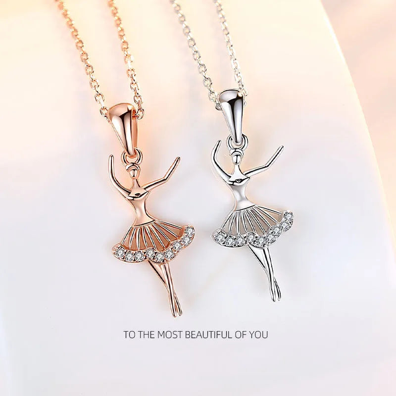 Fine Cubic Zircon Dress Dancing Girl Ballet Pendant Necklace S925 Sterling Silver Princess Necklace for Daughter Girlfriend