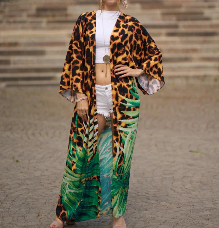 STOCK 10Colors Print Bathrobe Turkish Cardigan Ties Belt Dressing Gown Beach Kimono ONE SIZE