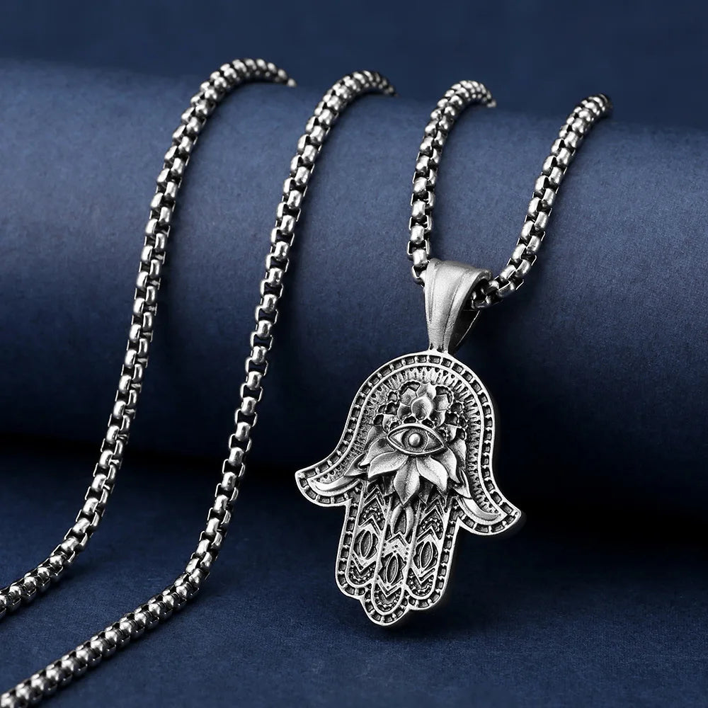 3D Carving Hand of Fatima Hamsa Pendant Men's Necklace Evil Eye Pendant Hip-hop Nazar Necklace