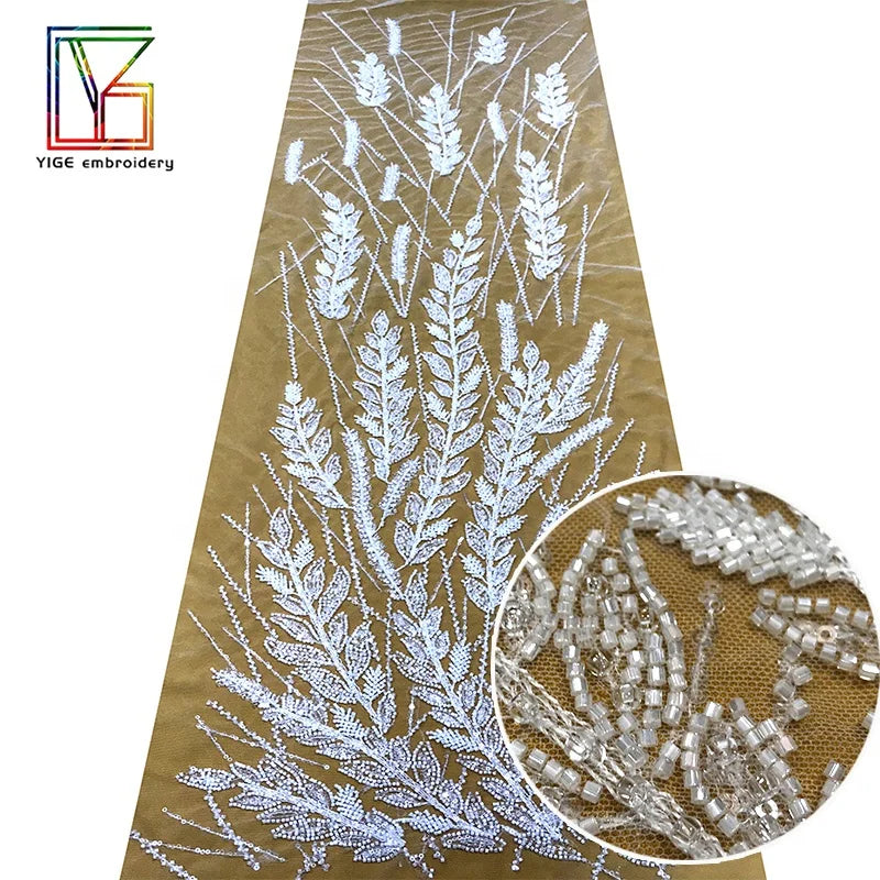 2022 Latest French Heavy Luxury Transparent Glass Large Beaded Bridal Embroidery Fabrics With Sequins Tulle Dress Fabric