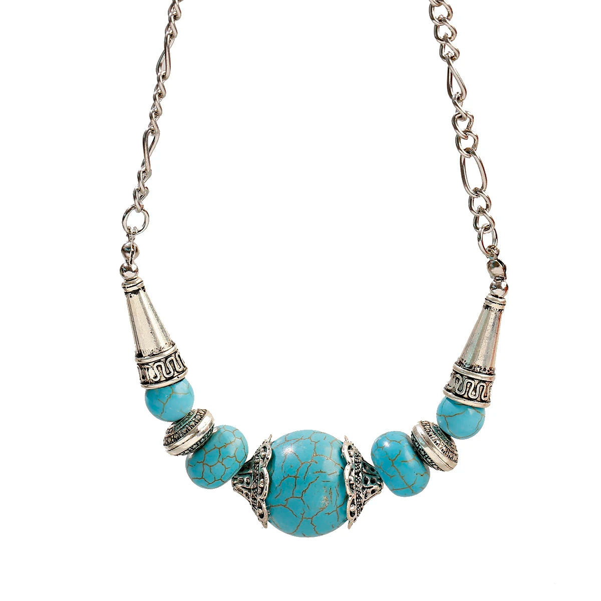 Retro Bohemian Pendant Necklace Turquoise Silver Plated Horn Necklace for Women