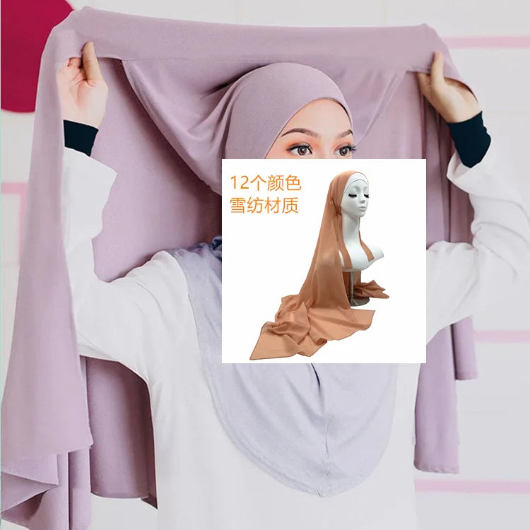 Plain Bubble Chiffon Hijabs Instant Hijab Scarf With Rope Convenient Women Hijabs Wrap Islam Muslim Shawls Scarves