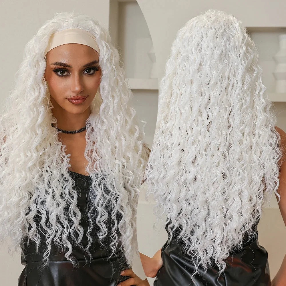 Pure White Long Wavy Curly Synthetic Hair Wig Women High Kinky Curly Headband Heat Resistant Clip Soft Comfortable Daily Use Wig