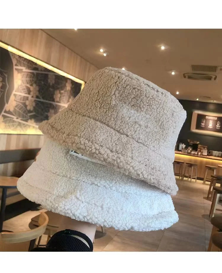 Lamb Fleece Teddy Fleece Mesh Fashion Casual Winter Bucket Hat Warm Fisherman Cap with Embroidery Patch Logo for Cycling