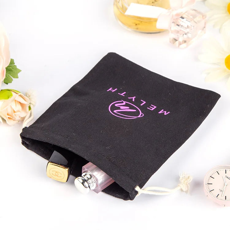5oz Recycled Black Cotton Drawstring Bag with Purple Logo Printing Promotional Christmas Gift Shopping Bag
