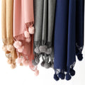 Jtfur Women Cheap Soft Cashmere Scarf with Tassel Pom Pom Fur Balls Ladies Scarves