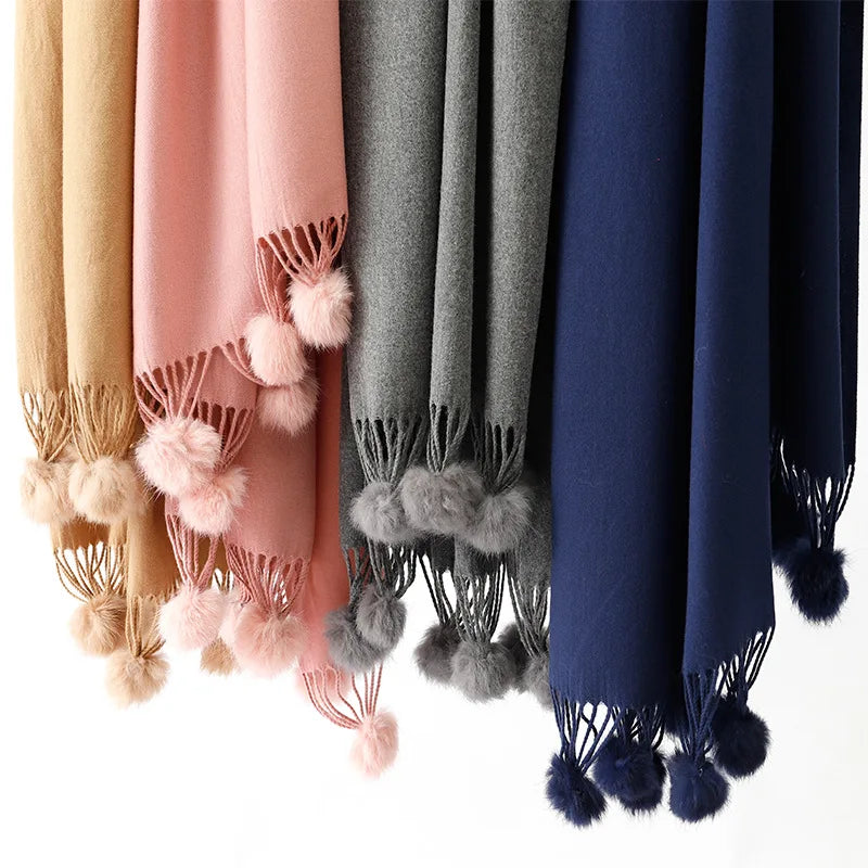 Jtfur Women Cheap Soft Cashmere Scarf with Tassel Pom Pom Fur Balls Ladies Scarves