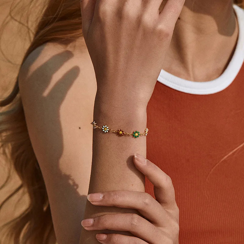 GT Summer 18k Gold Plated Copper Bracelets Colorful Daisy Chain Bracelet for Women