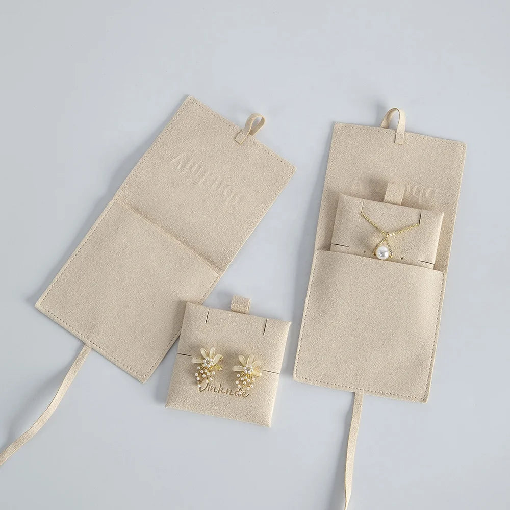 Almond Custom Microfiber Pouches with Insert Card Sets Beige Jewelry Bag Packaging Earring Necklace Slots Package Display Pad
