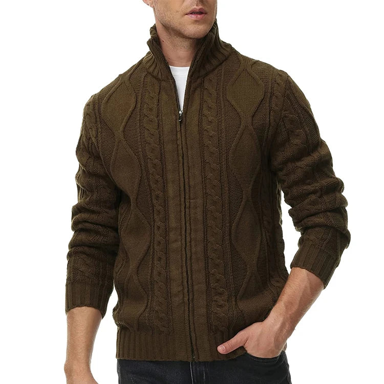 Custom Make Hot Sale Winter Cardigan Full Zipper 5GG Cable Knitting Mandarin Collar Man Casual Style Mock Collar Man Sweater