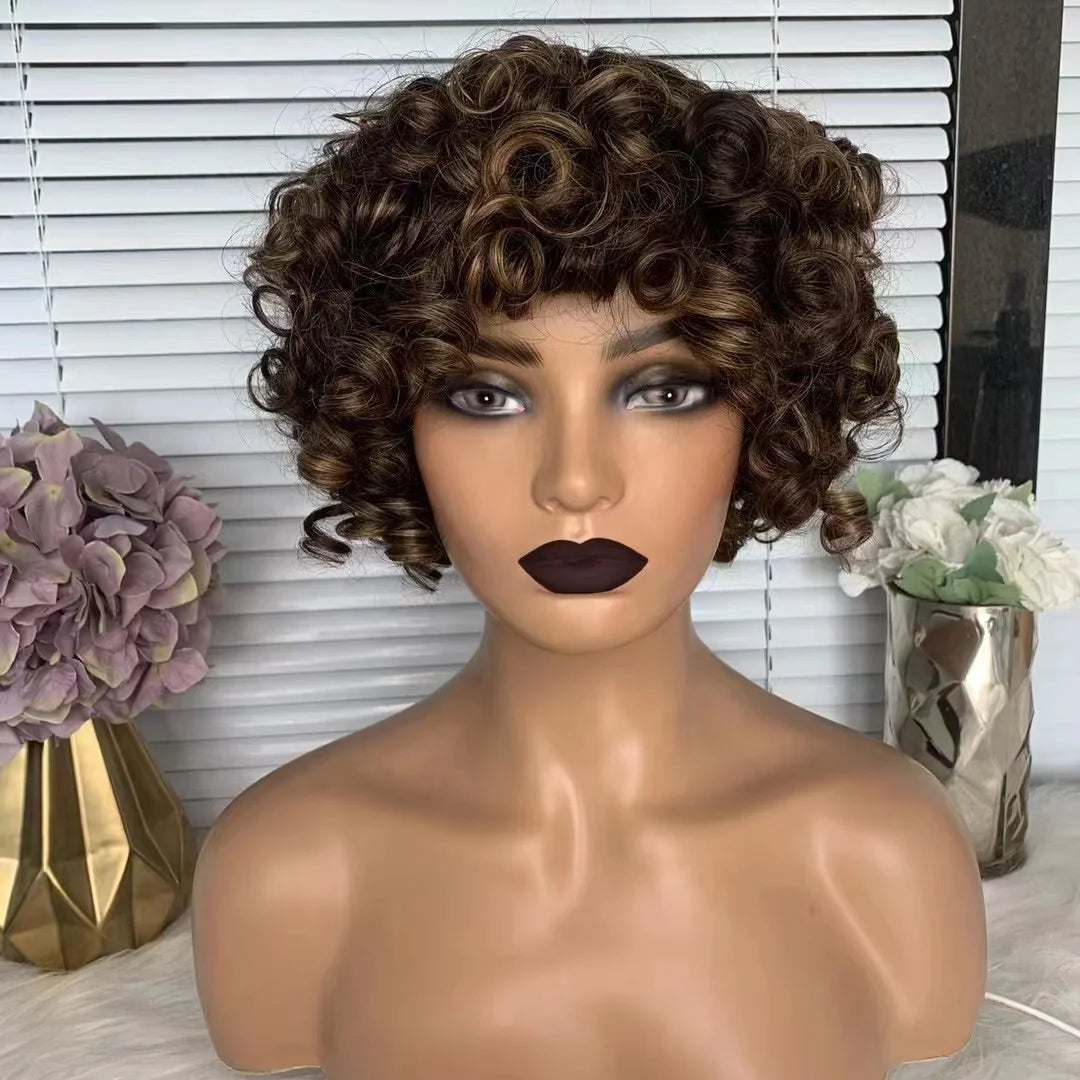 Stock Cheap Price Overnight Shipping Perruque Pixie BOB Cut Virgin Remy Brazilian Loose Curly Glueless Short Hair Human Wig