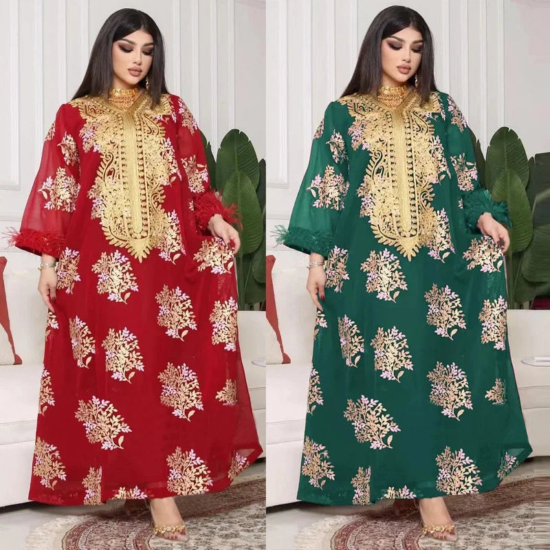 AB214Gold Embroidery Maxi Loose Feather Women Dress Qatar Outfits Eid Clothes Muslim Dress