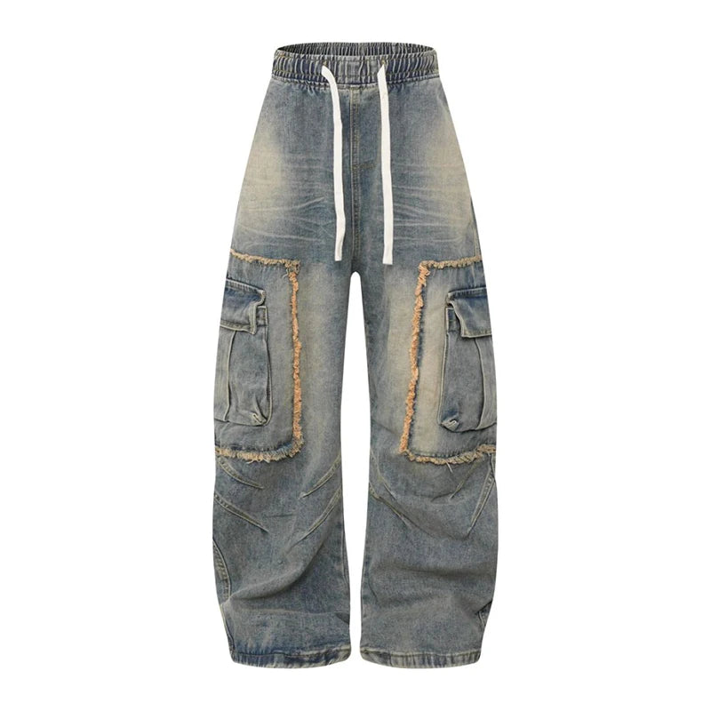 Pantalones de hombre Jeans American Retro Elastic Waist Splicing Large Pockets Same Gender Design Jeans for Girls