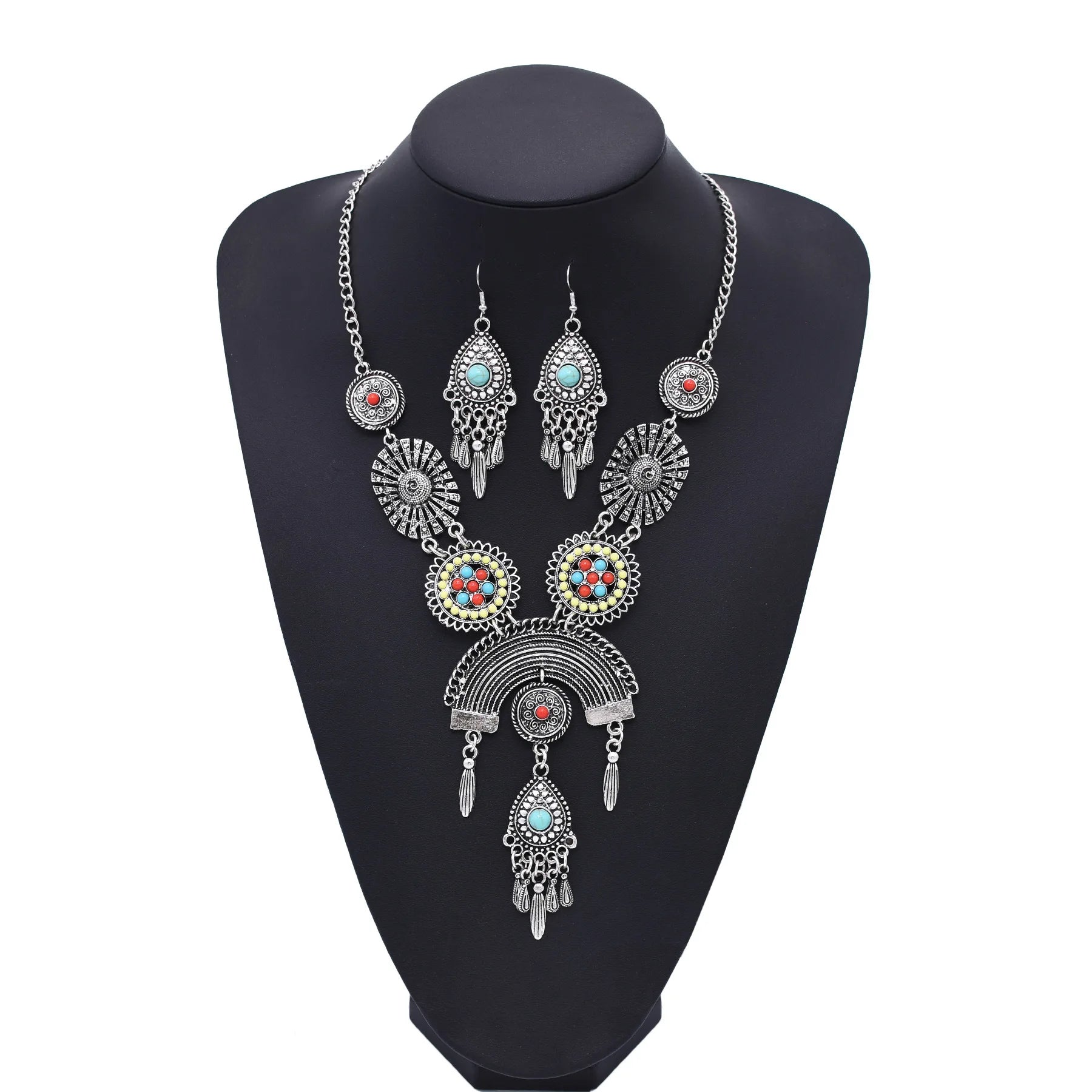 Vintage Style Bohemian Silver & Golden Necklace Earrings Set for Women Gold Plated for Wedding