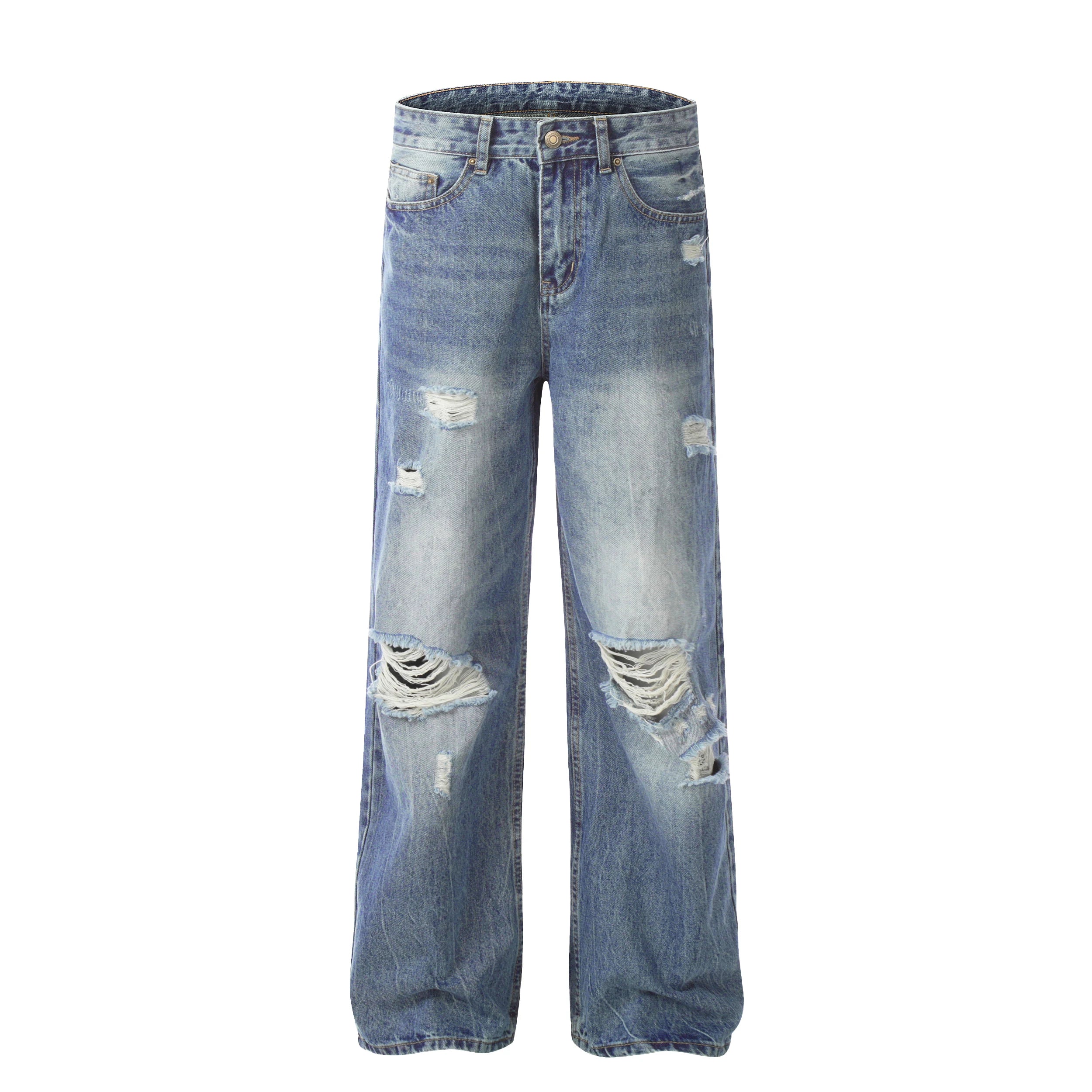 Ready to Ship Stock Men Ripped Hole Fade Washed Denim Jeans Men Manufacturers Good Quality Trousers Fitting Clothing Flare Jeans