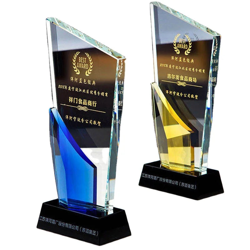 Events Souvenirs Cheap Custom Shape Blank K9 Awards and Trophies Octagon Crystal Color Glass Trophy Blue/Yellow Engraved Durable