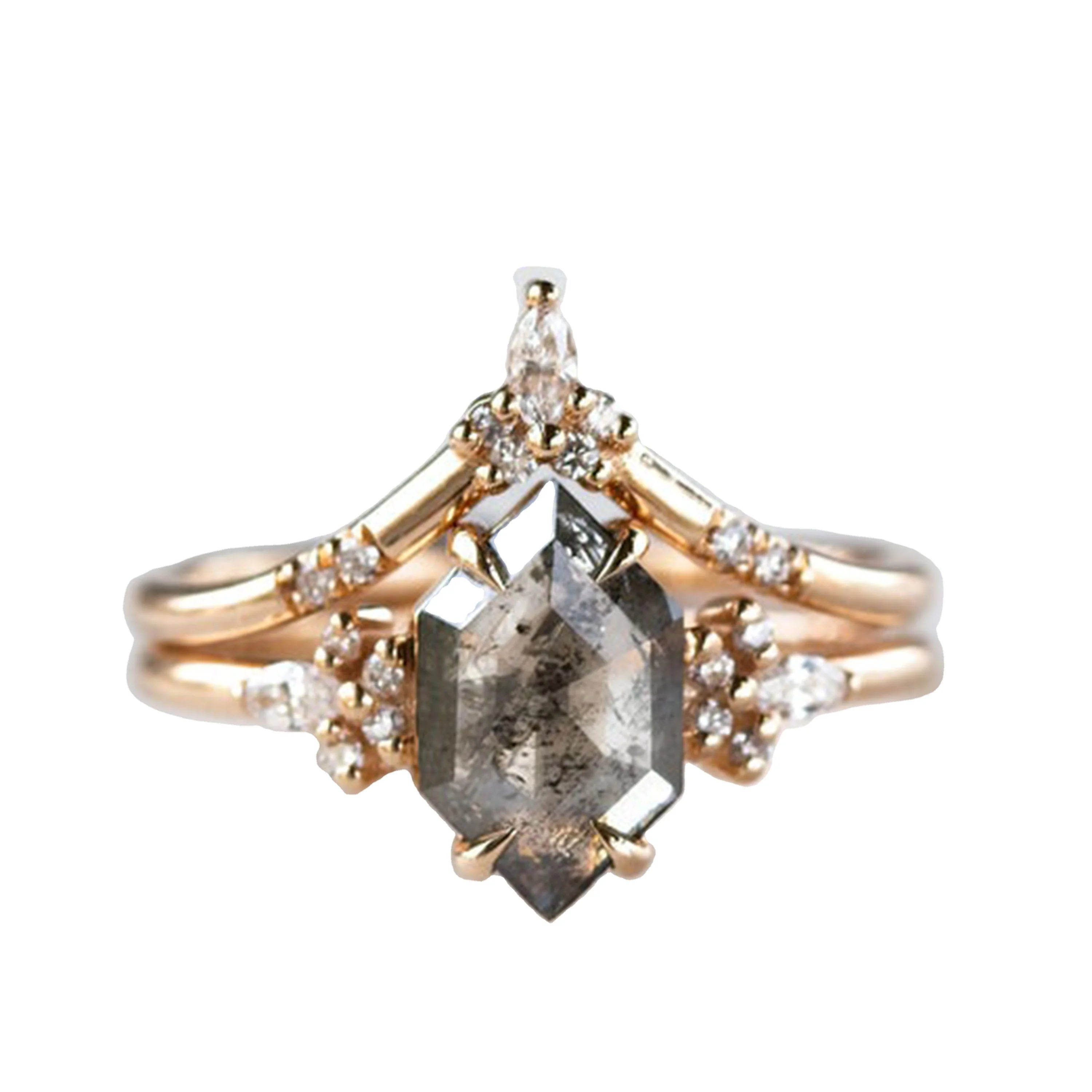 925 Silver Hexagon Cut Salt and Pepper Diamond Moissanite Ring Curved Matching Women Ring Sets