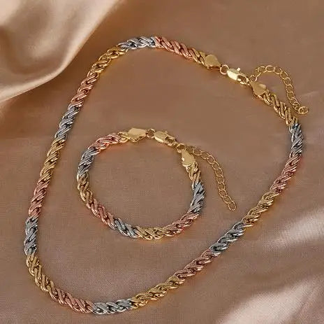 Popular Gold Plated Clavicle Chain Women's Engagement Wedding Bracelet Necklace Sets