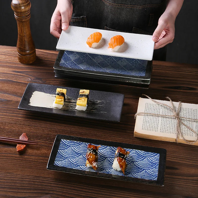 Rectangular Vintage Ceramic Color Glaze Sushi Plate for Restaurant 10 Inch Serving Plate Porcelain Serving Dish Pottery Plate