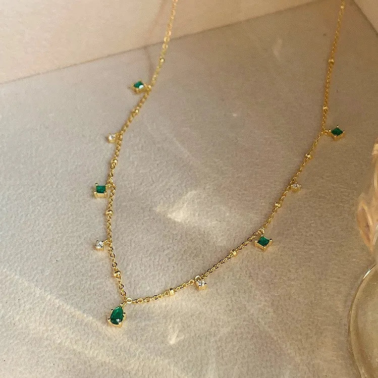 Fashion Fine Jewelry 925 Sterling Silver Emerald Waterdrop Pendant 18k Gold Plated Cubic Zirconia Necklace for Women