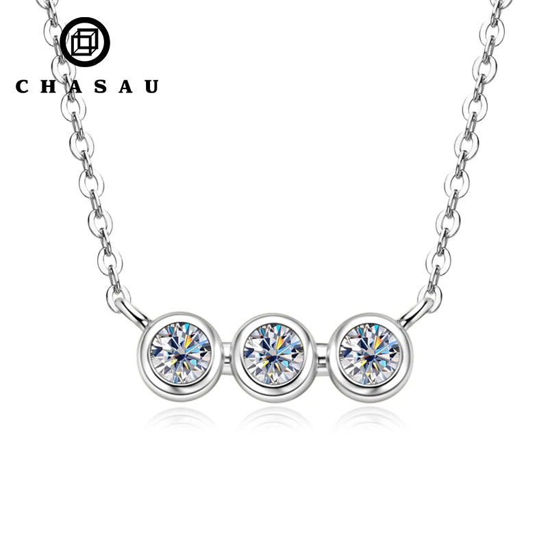 925 Sterling Silver Fine Jewlery Three Stone Pendant Round D Color All Moissanite Diamond Necklace for Women