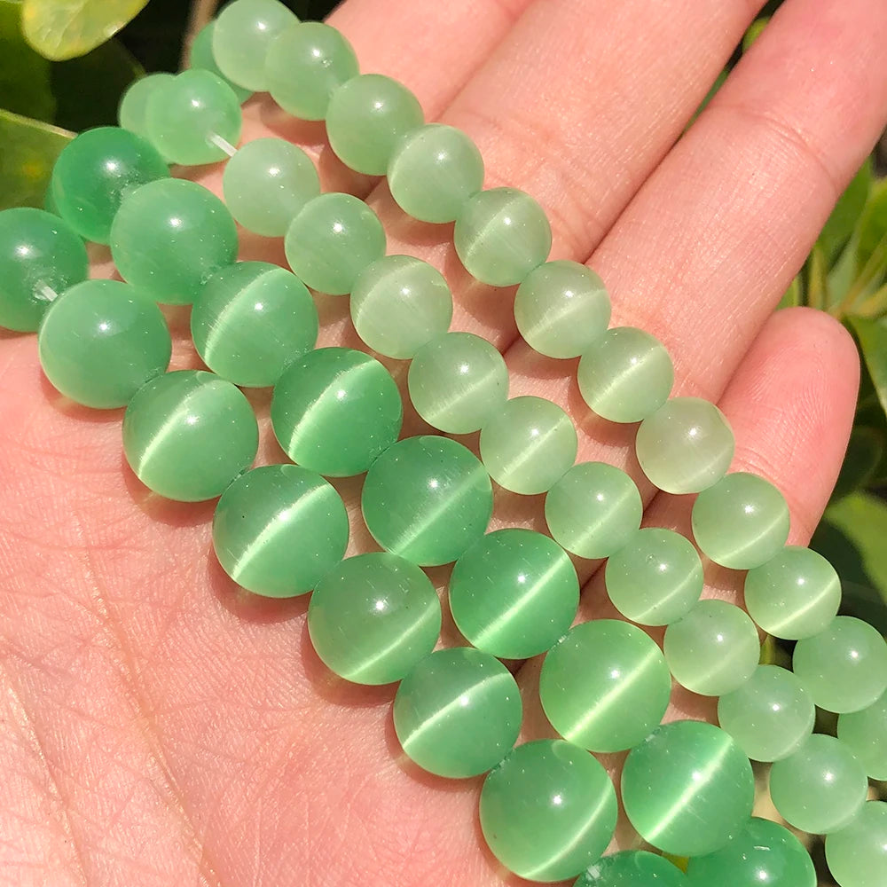 Wholesale 4/6/8/10/12MM Smooth Light Green Cats Eye Stone Loose Beads for DIY Jewelry