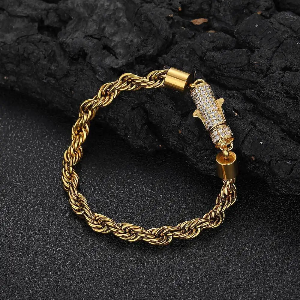 Iced Out Clasp 6MM Stainless Steel Rope Bracelet Hip Hop Gold Plated  Men Thick Rope Twist Chain Bracelet