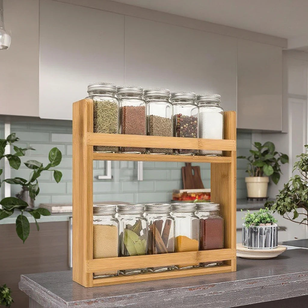 Custom Logo Solid Wood Double Layer Spice Storage Rack Kitchen Organ Coffee/Beverage/Organ Holder OEM/ODM Design Welcome