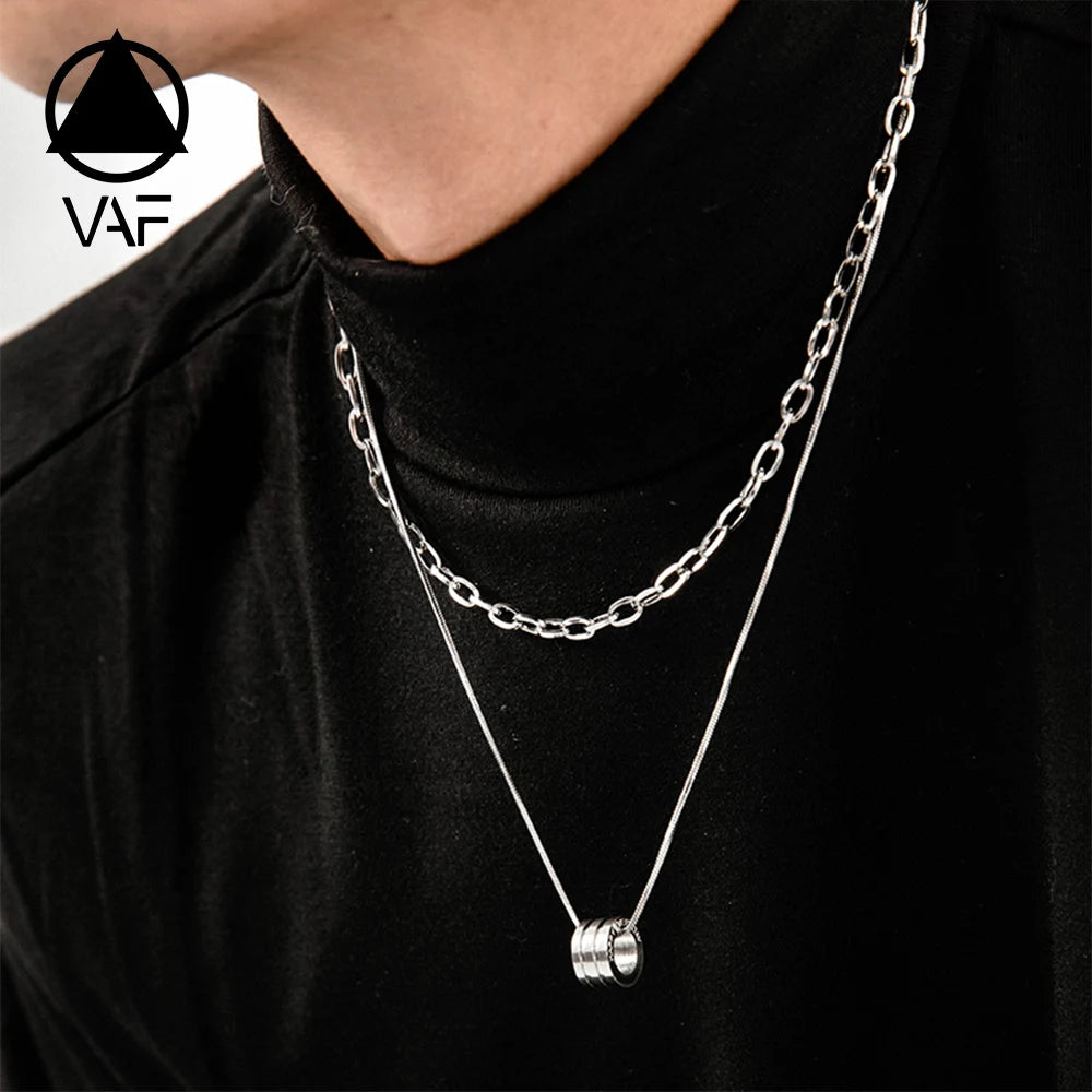 VAF 40/50cm Thick Circle Engraved Stainless Steel Pendant Necklace Collier Homme With Snake Chain Round Cable Chain