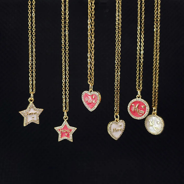 NS1195 Trendy 18k Gold Cz Pave Enamel Mama Mom Heart Star Shape Pendant Stainless Steel Chain Women Necklace