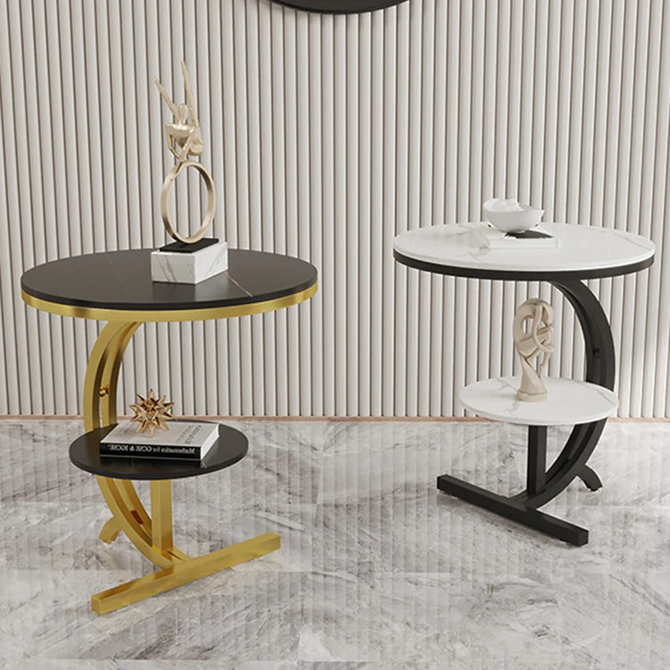 Round Rock Board Small Coffee Table Living Room Sofa Side Table Fashion Design Side Table Metal Bracket
