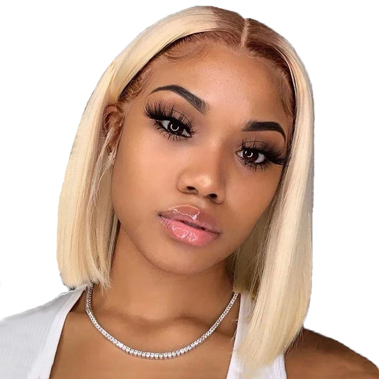 4 T 613 Transparent Blonde Human Hair Wig Silky Straight Ombre Bob Lace Front Wig Pre-Plucked Hairline Frontal Wig