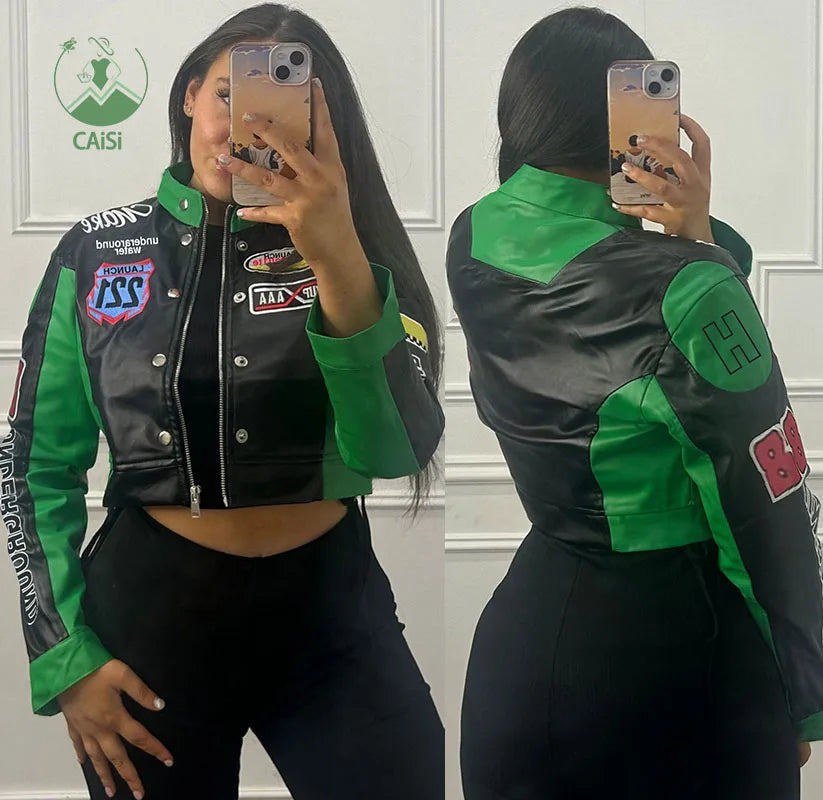 New Jacket Women Y2K Letter Print Streetwear Uniform Single-Breasted Autumn Trendy Pu Leather Jacket Coat