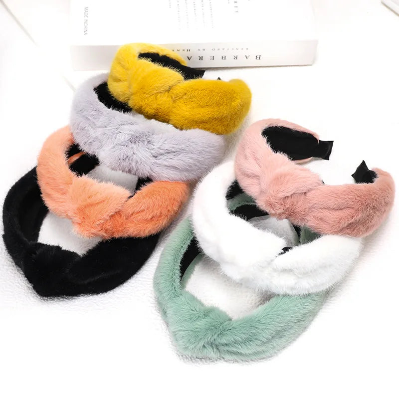 HOVANCI Women Fashion Winter Hair Accessories Knotted Fur Hairbands Soft Multi Color Fur Headband