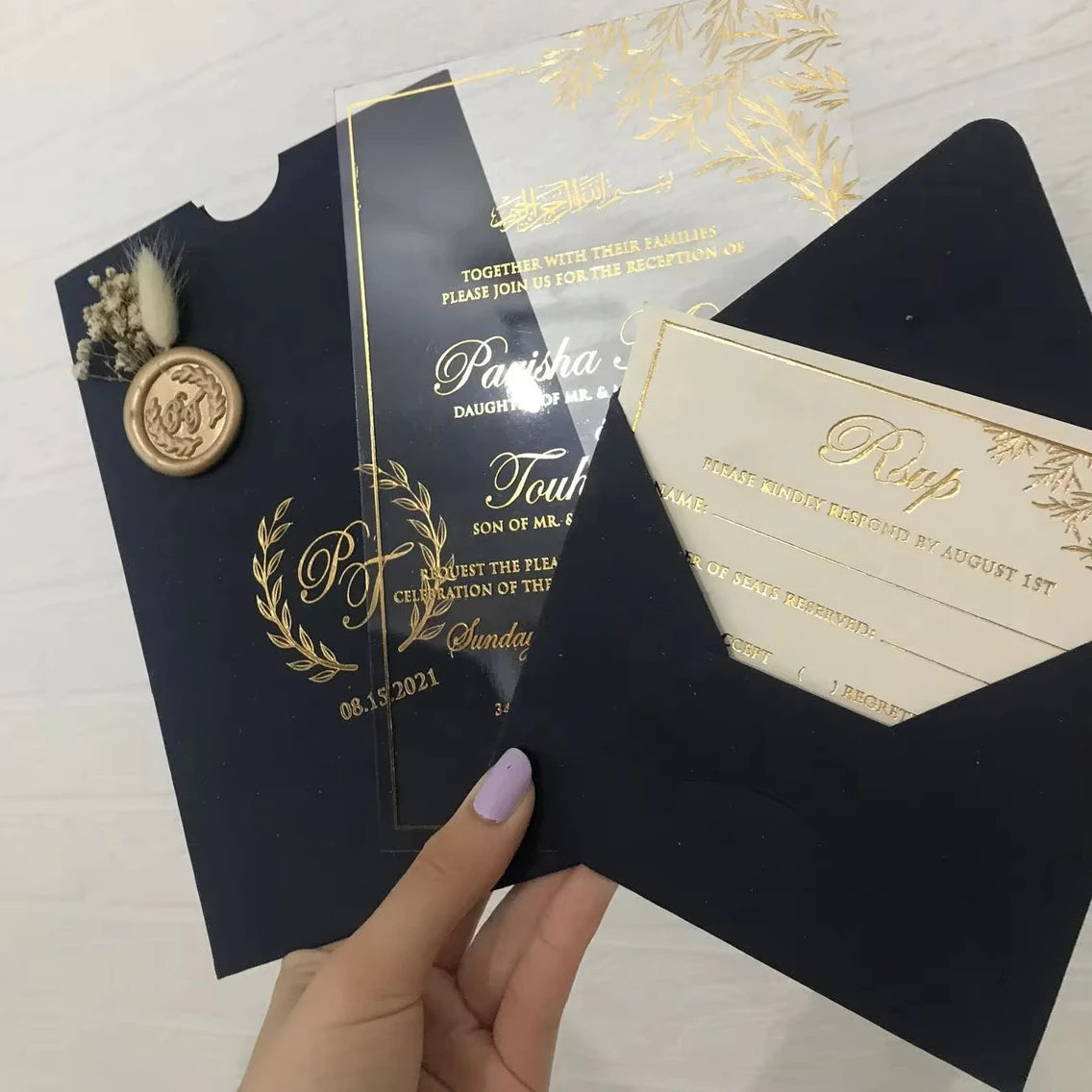 clear Gray Paper Sky Blue Envelope Gold Foil Costom Template Luxury Marriage Quinceanera Acrylic Wedding Invitations