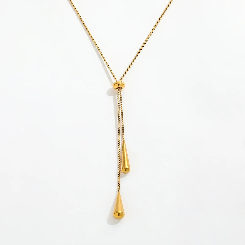 Fenny 18K Gold Plated No Fade Simple Charm Teardrop Pendant Adjustable Sweater Chain Necklace Stainless Steel Jewelry Wholesale