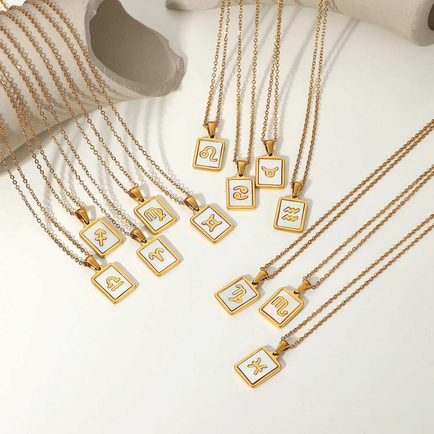 Tarnish Free 18k IP Gold Plated Rectangle Shell Necklace Stainless Steel 12 Astrology Constellations Zodiac Sign Shell Necklace