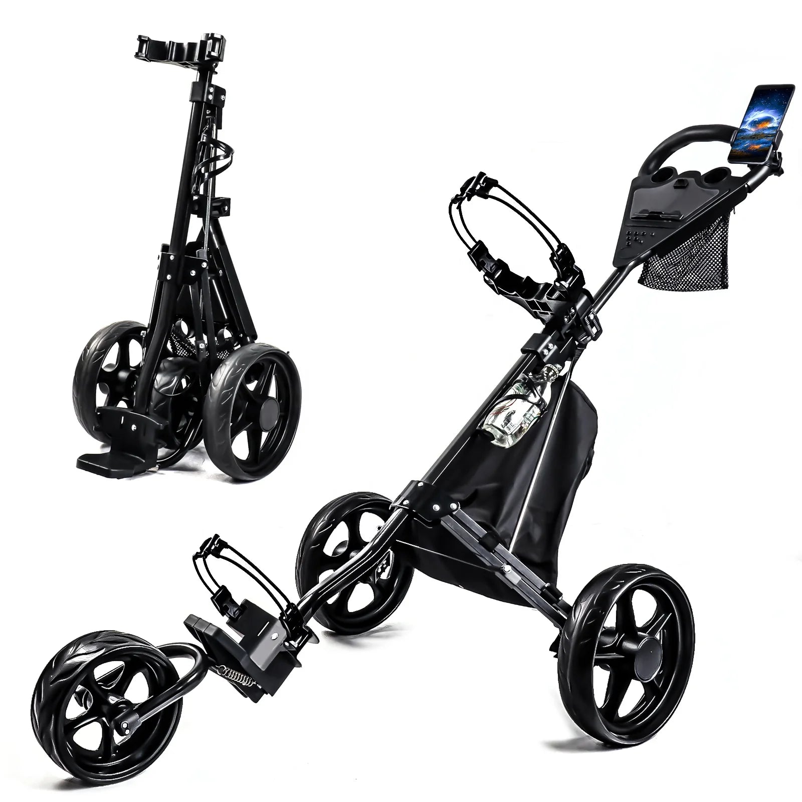 HOW TRUE Hot Selling Lightweight Aluminum Alloy Folding Golf Push Pull Cart 3 Wheels Golf Trolley With Foot Brake Drink Holder