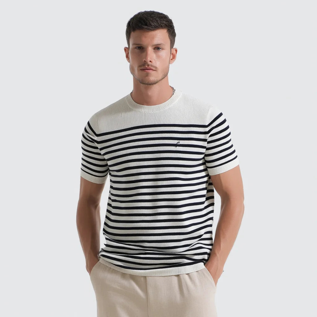 Men's Summer Viscose Blend Sweater Grey White Striped Short Sleeve Crew Neck Pullover Jumper Breathable Comfortable-Wholesale
