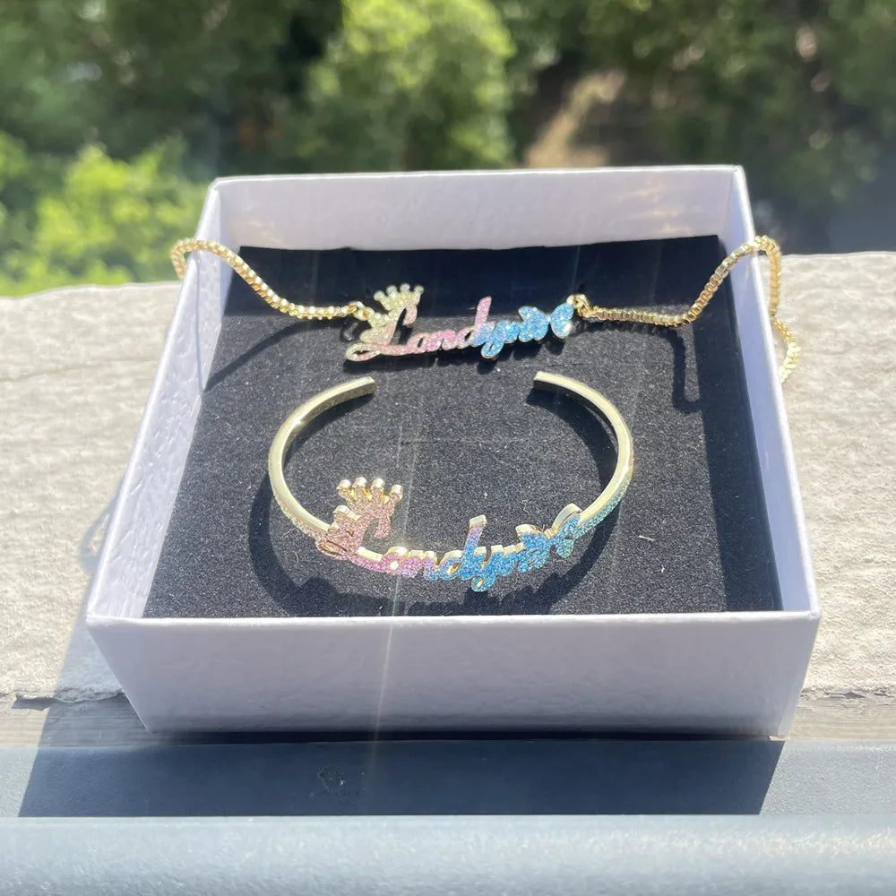 QIUHAN ODM Personalized Nameplate Necklace Bangle Stainless Steel Colorful Custom Name Jewelry Set