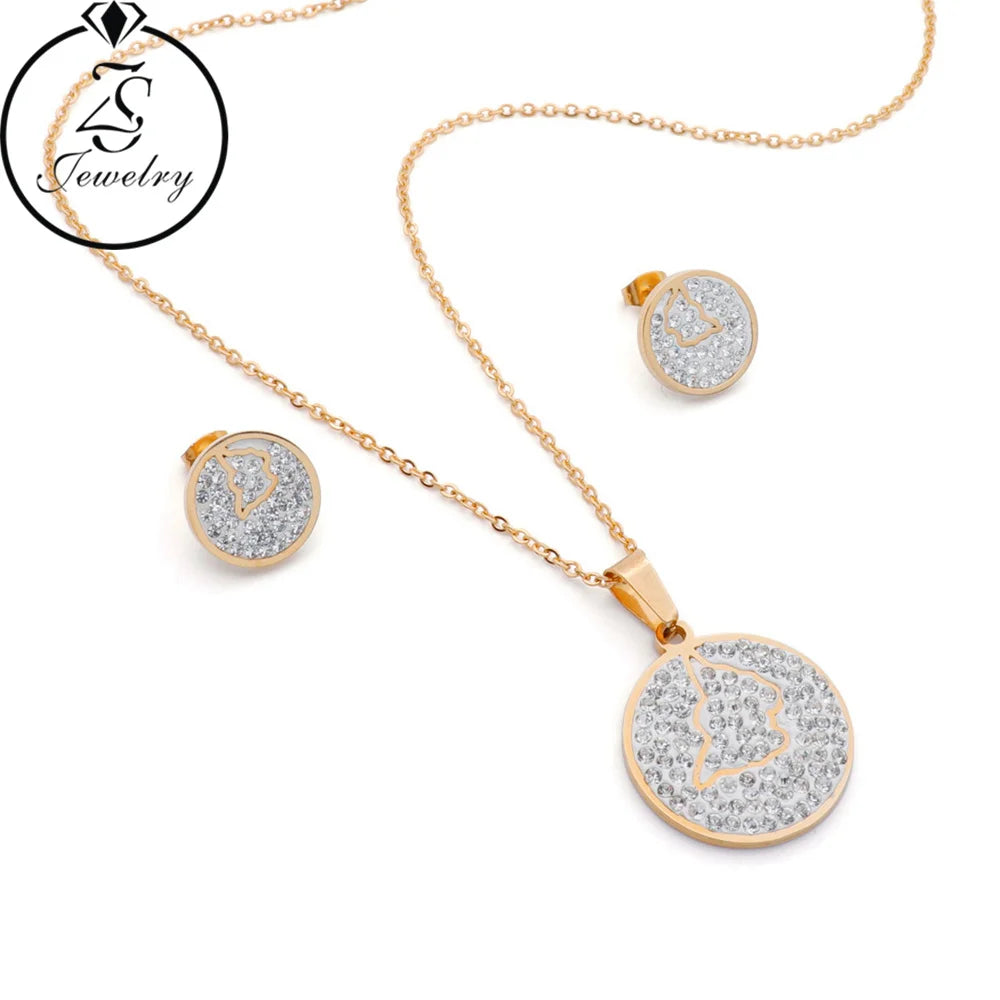 Bear Earring Necklace Stainless Steel Gold Plated 2 Piece Jewelry Women Zircon Girl Gift Set Takilar Sets
