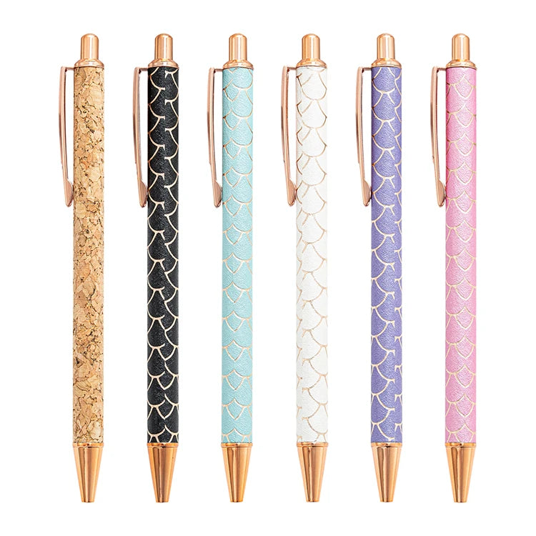 JH New Design Whosale Fish-scale Pattern Glitter Leather Cover Metal Click Ball Pen