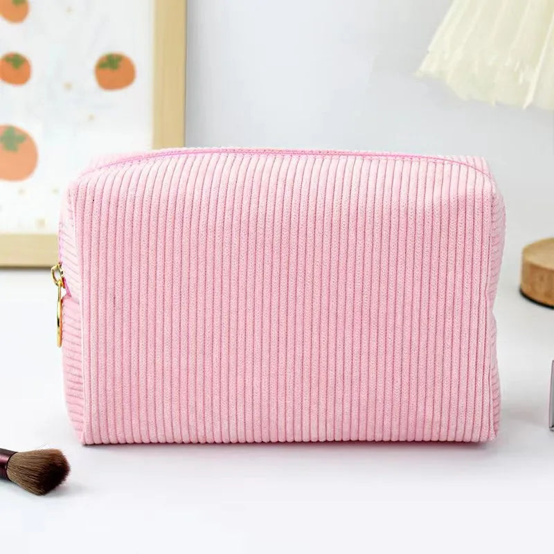 Custom Logo Holiday Gift Wholesale Pink Corduroy Makeup Pouch Portable Corduroy Women Cosmetic Bag Corduroy Makeup Bag