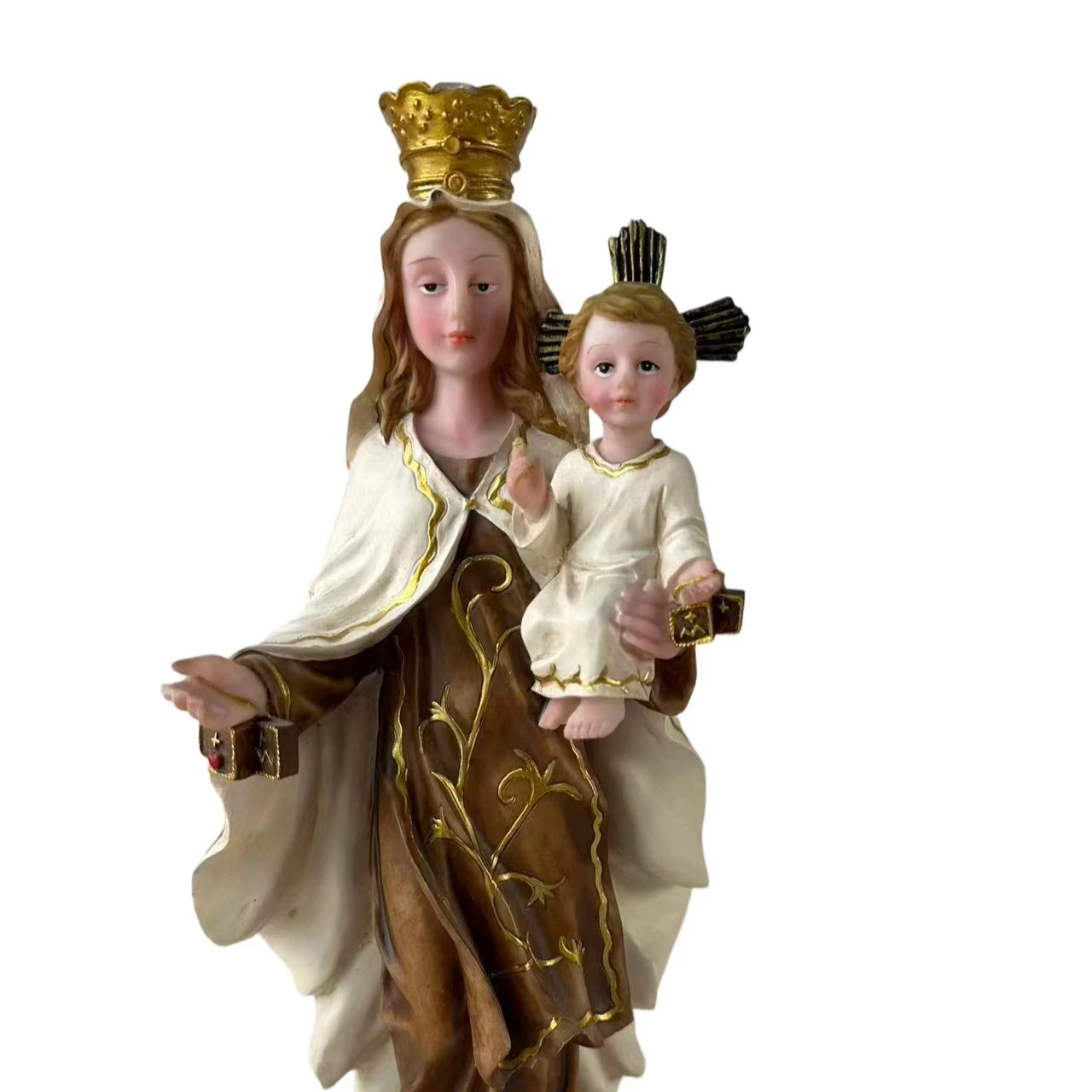 Crowned Virgin Mary Statue Holding Baby Jesus Resin Sculpture with Gold Crown Brown Robe and White Mantle