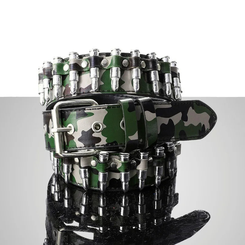 Camouflage Printing Casual Fashion Women Hip-hop Faux Leather Rock Punk Men PU Bullet Studded Belt Custom Logo