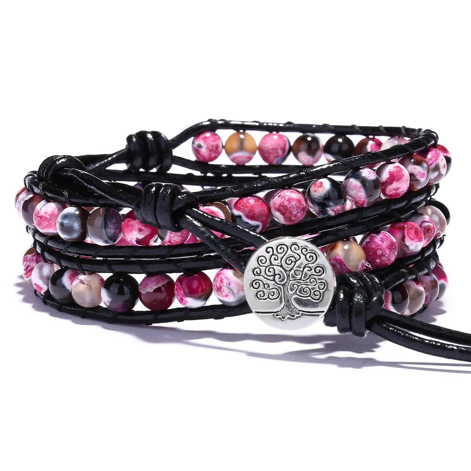 8mm Fire Agate Beads Bracelet 3 Strands Leather Wrap Bangle Crystal Spiritual Bohemian Healing Bracelet for Women Girls
