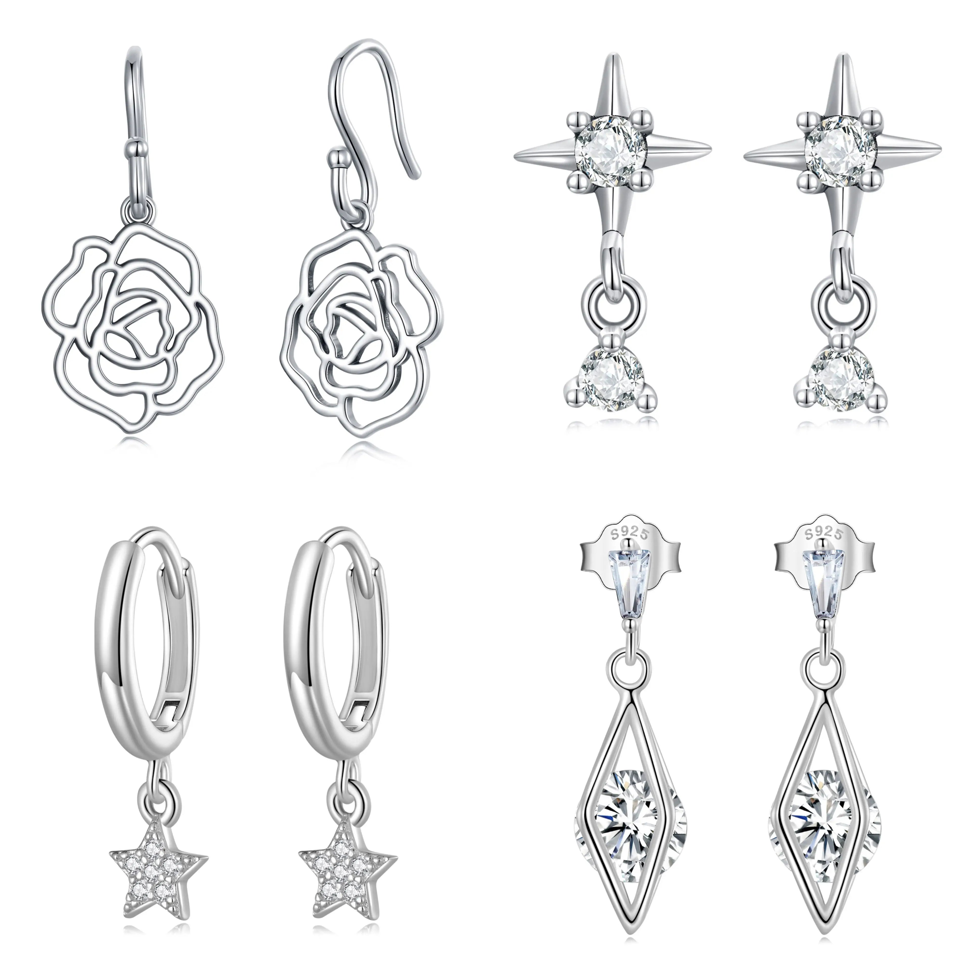 Earring Silver Women 925 Green Stone Custom Star butterfly Rose Flower 925 Sterling Silver Drop Cubic Zirconia Hoop Earrings