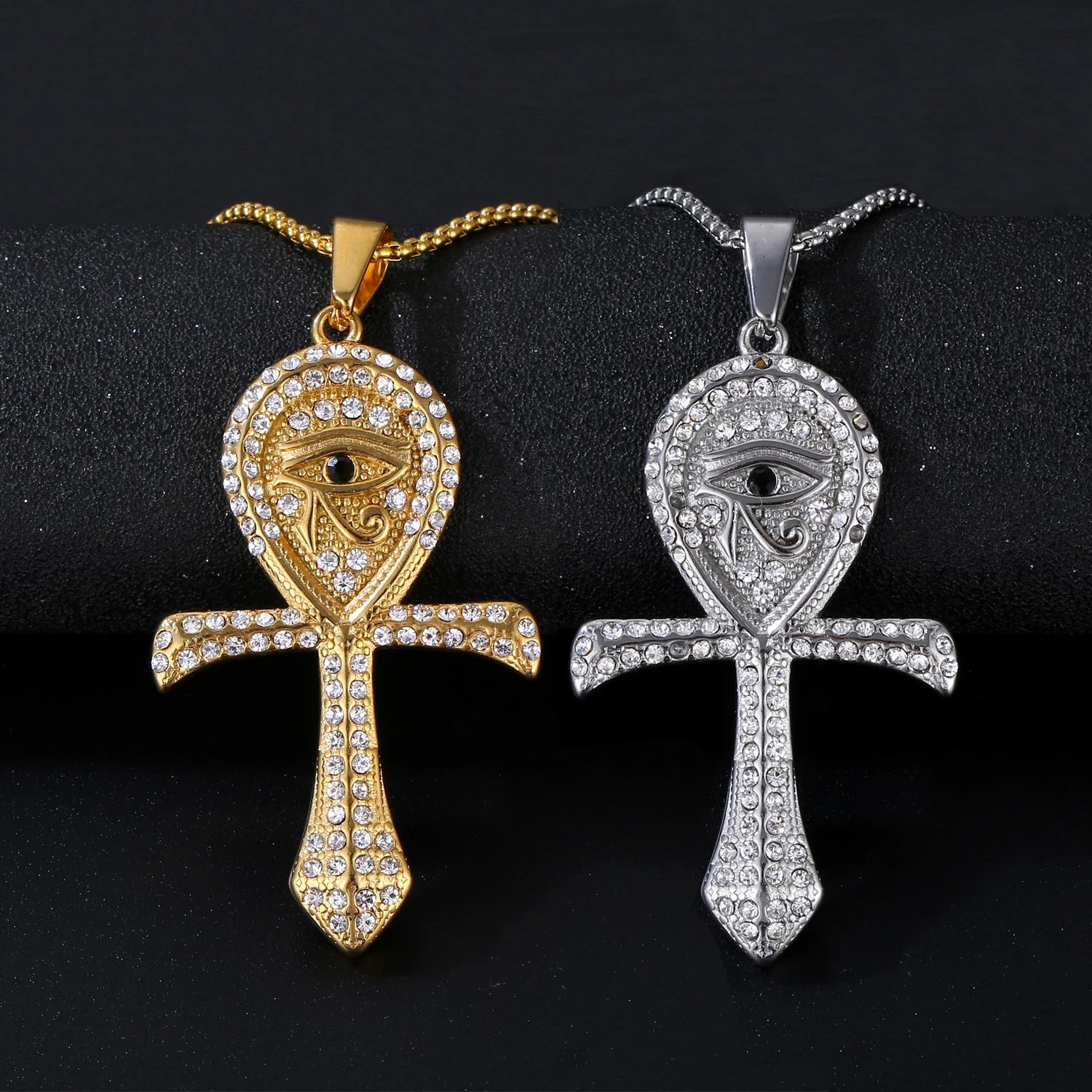New Arrival Eye of Horus Pendant Religious Egypt Jewelry Women Men Hip Hop Stainless Steel Zircon Ankh Cross Pendant Necklace