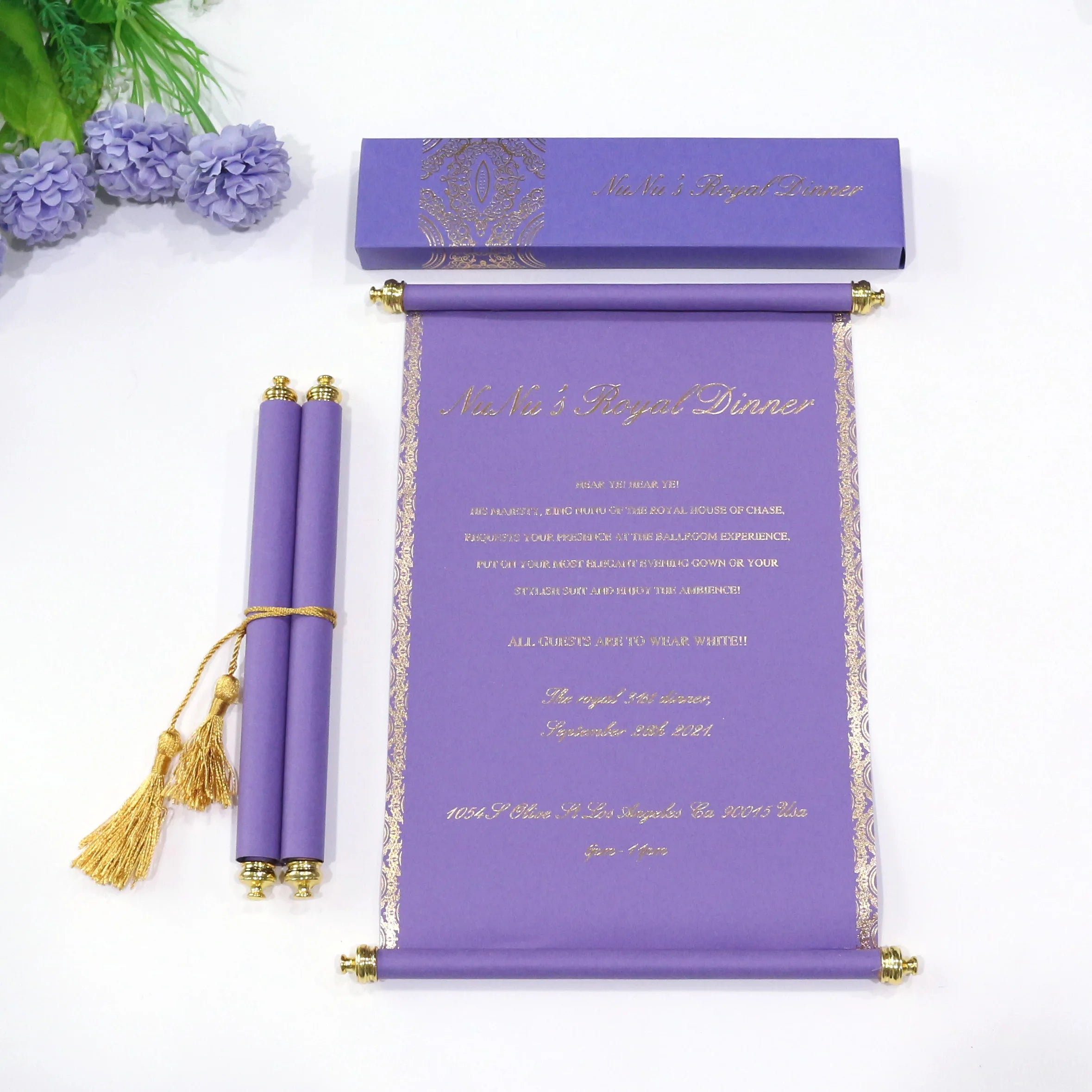 Hot Sale Royal Gold Foil Printing Custom Luxury Wedding Purple Scroll Invitation Cards With Box and Tassels